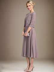 A-line Scoop Tea-Length Chiffon Mother of the Bride Dress With Pleated