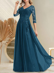 A-line V-Neck Floor-Length Lace Chiffon Mother of the Bride Dress With Sequins