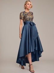 A-line Scoop Asymmetrical Satin Sequin Lace Mother of the Bride Dress With Bow