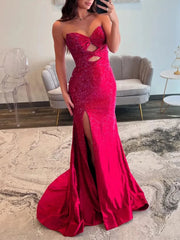 V Neck Hollowed Prom Dresses with Slit Mermaid Beads Wedding Guest Dress