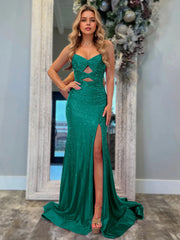 V Neck Hollowed Prom Dresses with Slit Mermaid Beads Wedding Guest Dress