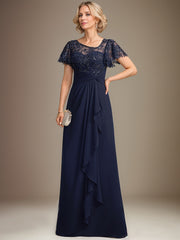 A-line Asymmetrical Illusion Floor-Length Lace Chiffon Mother of the Bride Dress With Cascading Ruffles Sequins