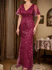 Sheath V-neck Short Sleeves Floor-Length Lace Mother of the Bride Dress