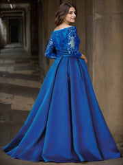 A-Line Off-The-Shoulder 3/4 Sleeves Sweep Train Lace/Satin Mother Of The Bride Dresses With Split Front