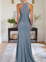 Dusty Blue Sheath Halter Long Mother of Bride Dress With Appliques