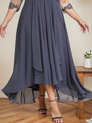 A-line Scoop Illusion Asymmetrical Lace Chiffon Mother of the Bride Dress With Cascading Ruffles