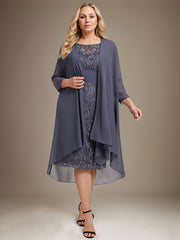 Sheath/Column Scoop Illusion Knee-Length Lace Chiffon Mother of the Bride Dress With Cascading Ruffles Sequins