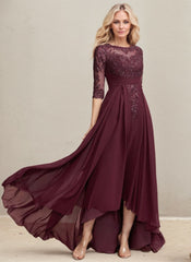 A-line Scoop Illusion Asymmetrical Lace Chiffon Mother of the Bride Dress With Pleated Sequins