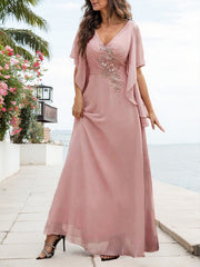 A-Line V-Neck Floor-Length Chiffon Mother Of The Bride Dresses With Appliques Lace