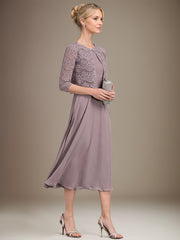 A-line Scoop Tea-Length Chiffon Mother of the Bride Dress With Pleated