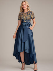 A-line Scoop Asymmetrical Satin Sequin Lace Mother of the Bride Dress With Bow