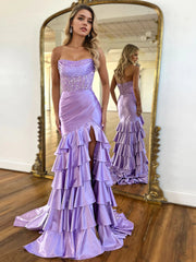 Tiered Strapless Prom Dresses with Applique Mermaid Sweet 16 Dress