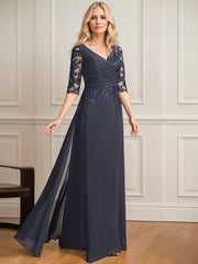 A-line V-Neck Floor-Length Lace Chiffon Mother of the Bride Dress With Pleated Sequins