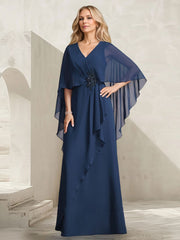 A-line V-Neck Floor-Length Chiffon Mother of the Bride Dress With Cascading Ruffles Beading