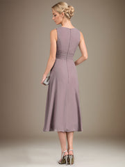 A-line Scoop Tea-Length Chiffon Mother of the Bride Dress With Pleated