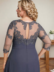 A-line Scoop Illusion Asymmetrical Lace Chiffon Mother of the Bride Dress With Cascading Ruffles