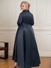A-Line V-Neck 3/4 Sleeves Satin Mother Of The Bride Dresses With Pockets