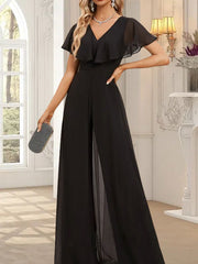 Jumpsuit/Pantsuit V-Neck Floor-Length Chiffon Evening Dress