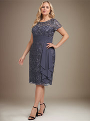 Sheath/Column Scoop Illusion Knee-Length Lace Chiffon Mother of the Bride Dress With Cascading Ruffles Sequins