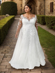 Plus Size Wedding Dress with Long Sleeves Applique Bridal Gowns