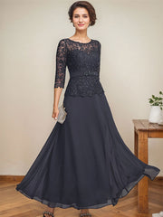 A-line Scoop Illusion Ankle-Length Chiffon Lace Mother of the Bride Dress With Rhinestone Beading