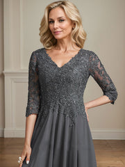A-line V-Neck Tea-Length Chiffon Lace Mother of the Bride Dress With Beading Sequins