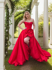 3D Flower Prom Dresses for Teens Slit Strapless Formal Party Dress