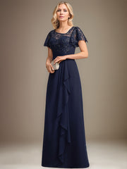 A-line Asymmetrical Illusion Floor-Length Lace Chiffon Mother of the Bride Dress With Cascading Ruffles Sequins