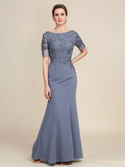Grey Blue Mermaid Floor Length Chiffon Mother of Bride Dress With Appliques