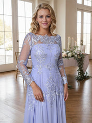 A-line Bateau Long Sleeves Appliques Lace Sweep Train Chiffon Mother of the Bride Dres