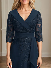 A-line Collared V-Neck Floor-Length Lace Chiffon Mother of the Bride Dress With Sequins Cascading Ruffles