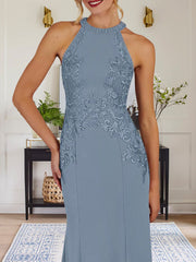 Dusty Blue Sheath Halter Long Mother of Bride Dress With Appliques