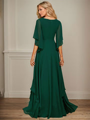 A-line V-Neck Floor-Length Chiffon Mother of the Bride Dress With Sequins Appliques Lace Beading
