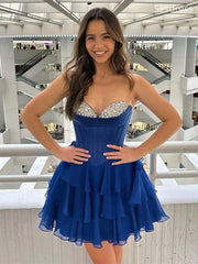 Sparkly Beadings Sweetheart Strapless Chiffon Blue A-line Short Mini Dress Homecoming Dress