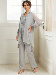 Elegant Appliques 3 Pieces Chiffon Mother of The Bride Jumpsuit with Wrap