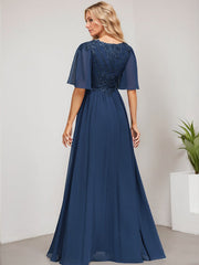 A-line V-Neck Floor-Length Lace Chiffon Mother of the Bride Dress With Sequins