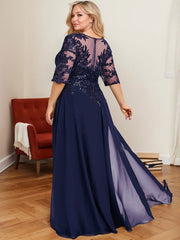 A-Line V-Neck 1/2 Sleeves Floor-Length Chiffon Mother Of The Bride Dresses With Lace