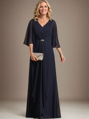 A-line V-Neck Floor-Length Chiffon Mother of the Bride Dress With Cascading Ruffles Crystal Brooch