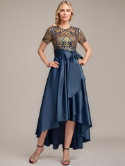 A-line Scoop Asymmetrical Satin Sequin Lace Mother of the Bride Dress With Bow