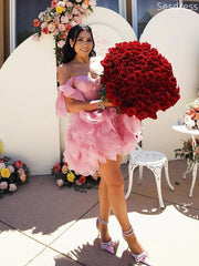 Gorgeous Pink Sweetheart Off the Shoulder Bow Tie Strapless A-line Mini Dress Homecoming Dress