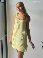 Gorgeous Lemon Yellow Spaghetti Strap Appliques A-line Short Mini Dress Homecoming Dress