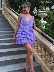 Sexy Purple V-neck Spaghetti Strap A-line Short Mini Dress Homecoming Dress