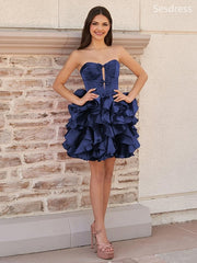 Elegant Navy Blue Bow Tie Strapless Satin A-line Short Mini Dress Homecoming Dress