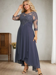 A-line Scoop Illusion Asymmetrical Lace Chiffon Mother of the Bride Dress With Cascading Ruffles