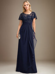 A-line Asymmetrical Illusion Floor-Length Lace Chiffon Mother of the Bride Dress With Cascading Ruffles Sequins
