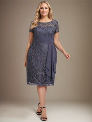 Sheath/Column Scoop Illusion Knee-Length Lace Chiffon Mother of the Bride Dress With Cascading Ruffles Sequins