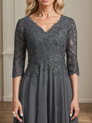 A-line V-Neck Tea-Length Chiffon Lace Mother of the Bride Dress With Beading Sequins