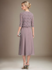 A-line Scoop Tea-Length Chiffon Mother of the Bride Dress With Pleated