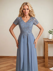 Elegant A-Line Chiffon V-neck Mother of the Brides Dresses Lace Top MOB Dresses