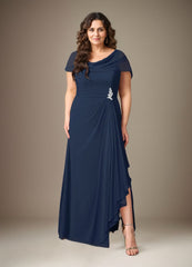 Dark Navy A-Line Side Slit Chiffon Dress Mother of the Bride Dress